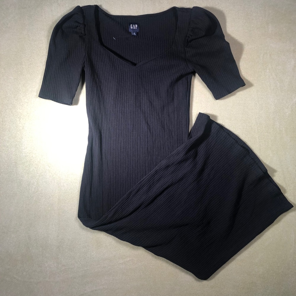 GAP Midi Dress Womens XS Black Ribbed Puff Sleeve Sweetheart Neck 427597-02